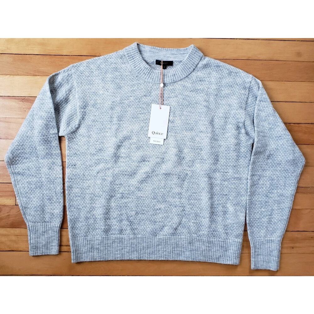 Quince Baby Alpaca Wool Diamond Stitch Crew Light Gray Sweater Medium NWT - Picture 3 of 12